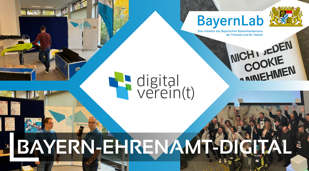 Das BayernLab bei der Messe Bayern-Ehrenamt-Digital Ein fünfteiliges bild. Das Logo von digital vereint in der mitte schlicht mit weißem Hintergrund. Die anderen Bilder von oben links nach unten rechtsts angeordnet in jeder Ecke. Links oben Vorbereitungen für den Messestand des BayernLabs Starnberg. Oben rechts ein Keks mit der Verpackung