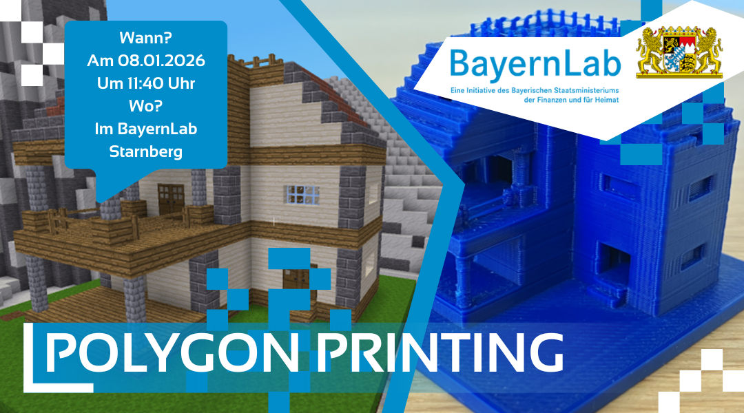 Ein aus gleichmäßigen Blöcken bestehendes digital erstelltes Haus auf der linken Seite und das selbe in 3D gedruckter Form rechts. Titel ist Polygon Printing